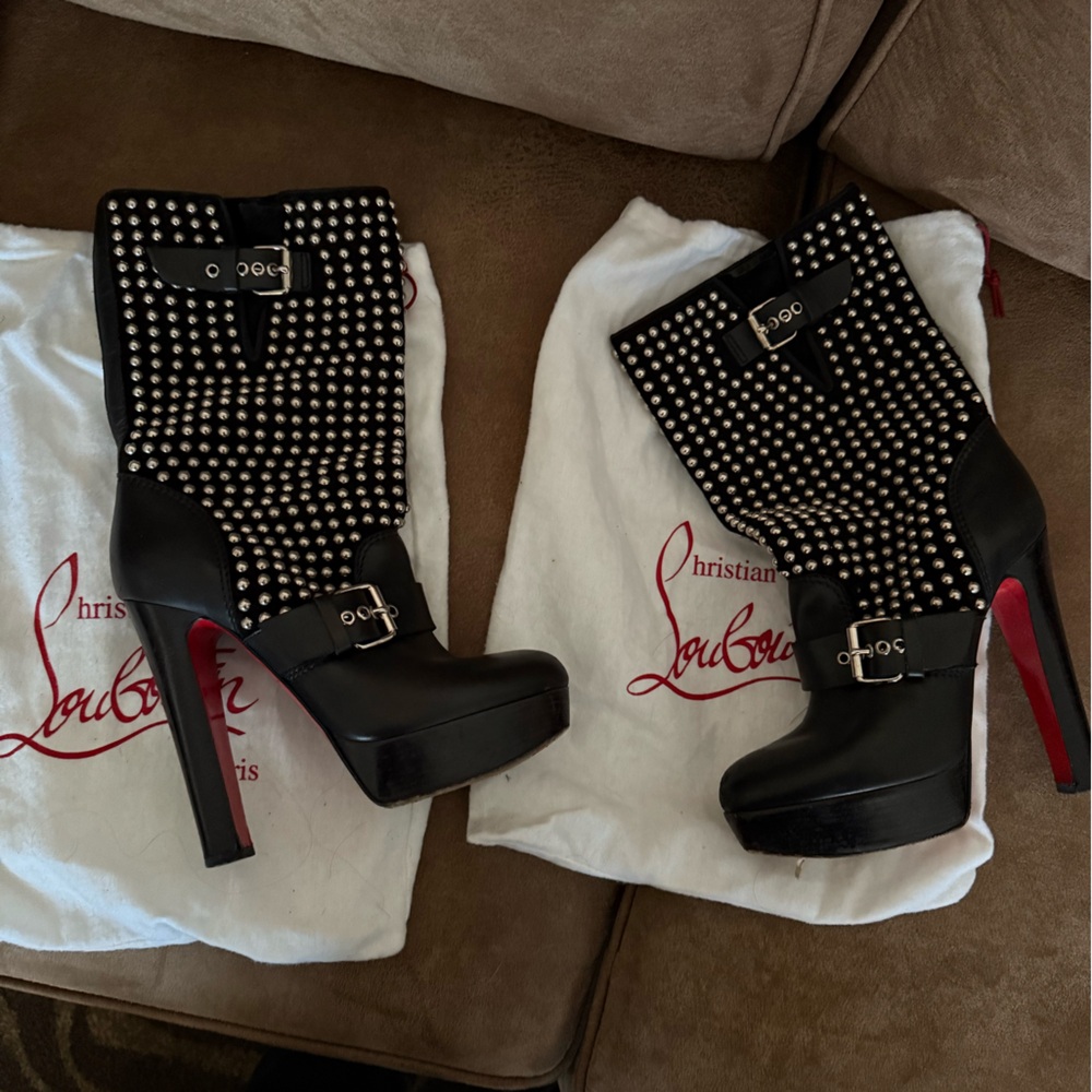 Christian Louboutin Marisa 140 Studded Platform Black and Silver Heeled Boots